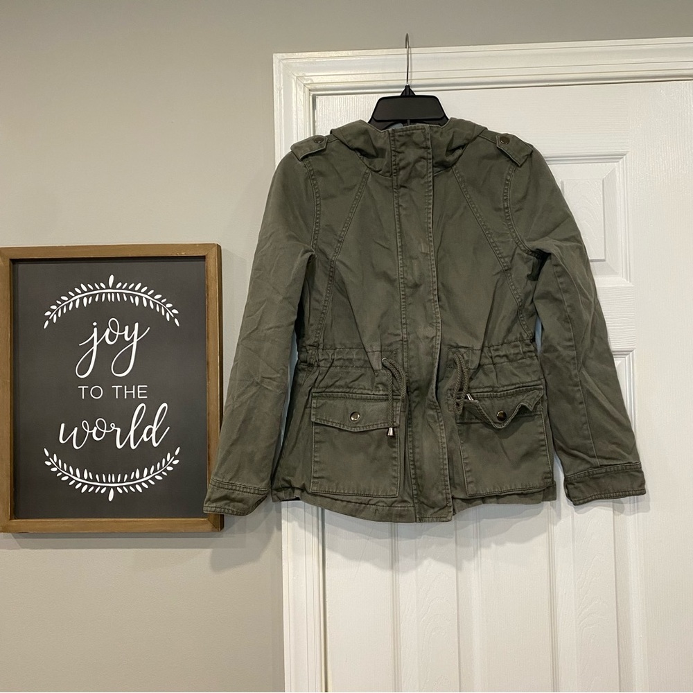 Gap Army Green Hooded Utility Coat Cargo Jacket Cinch Waist Women’s XS